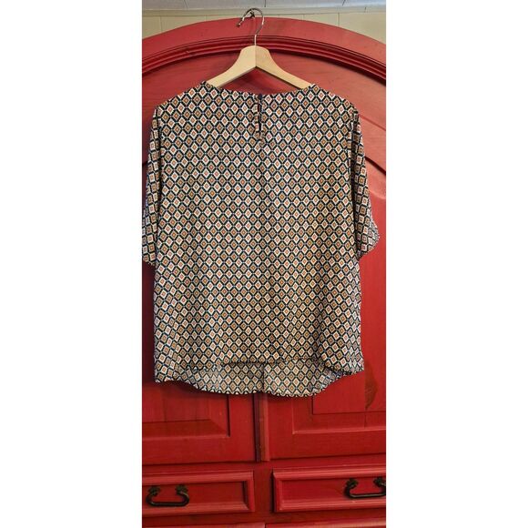 Pleione Large Bowtie Cutout Tan Navy Orange Geometric Pattern Blouse Shirt EUC - Picture 2 of 4